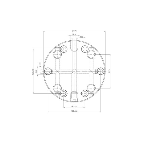 Technical drawing 45800: Quick•Point® 96 Round Plate ø 176 x 27 mm with mounting bores for 63 mm slot distance and 150 mm distance