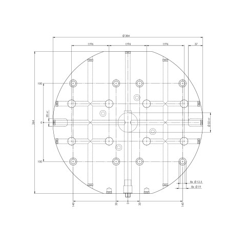 Technical drawing 45964: Quick•Point® 96 Grid Plate 2-fold, round ø 384 x 27 mm with mounting bores for 100 mm slot distance