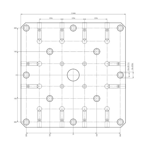 Technical drawing 70008: Quick•Point® Quick•Tower Base Plate 446 x 446 x 27 mm, with mounting bores