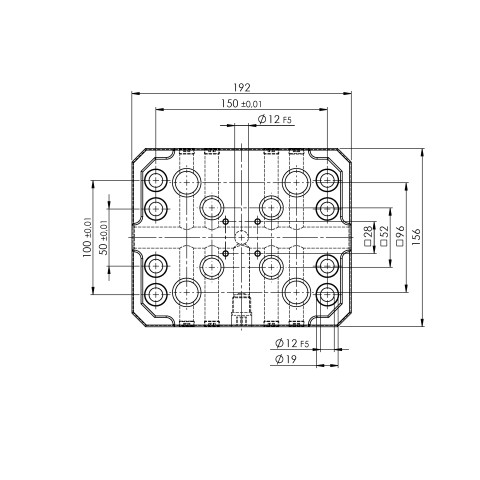 Technical drawing 45448: Quick•Point® 52/96 Combo Grid Plate 192 x 156 x 27 mm with bores 150 x 100 / 50 mm and clamping edge