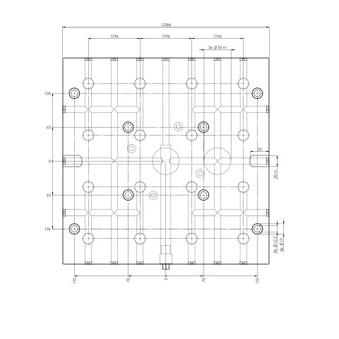 Technical drawing 45741: Quick•Point® 96 Grid Plate 4-fold 384 x 384 x 27 mm with mounting bores for 63 mm slot distance