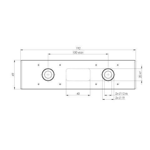 Technical drawing 73195: Quick•Point® Rail Extension bar 192 x 49 x 25 mm with mounting bores