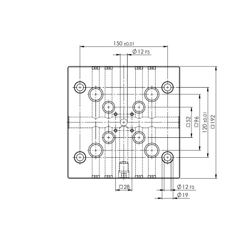 Technical drawing 75748: Quick•Point® 52/96 Combo Grid Plate 192 x 192 x 27 mm with mounting bores for Quick•Tower tombstone