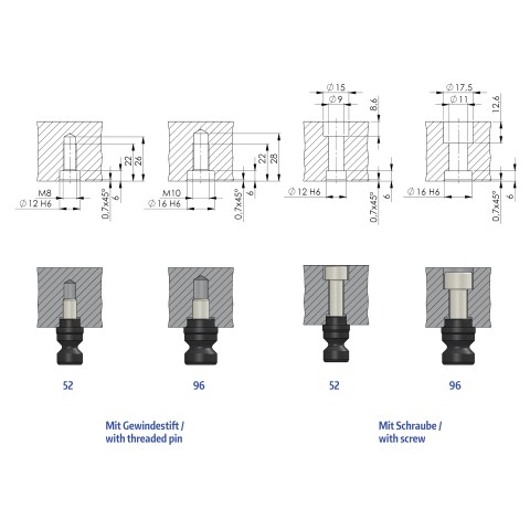 Technical drawing 45570: Quick•Point® 96 Clamping Studs ø 20 mm for 96 mm bolt distance